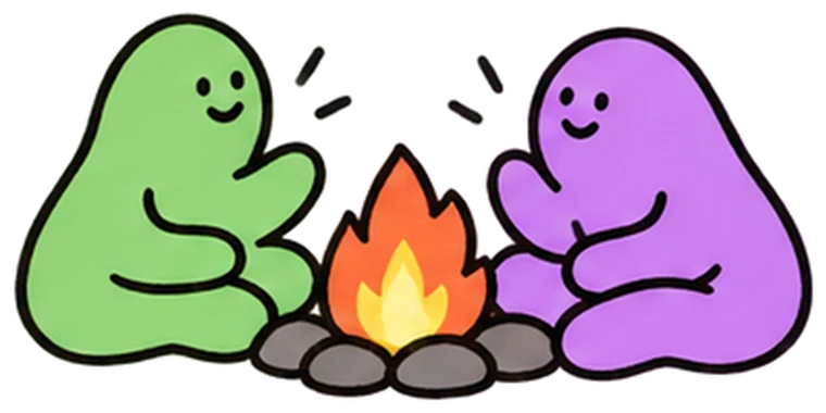 Two soulies chatting by a campfire
