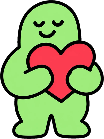 A green soulie hugging a big red heart