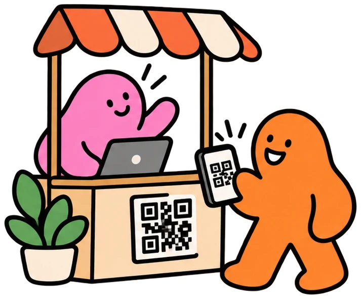 A soulie at an event stand while another scans a QR code