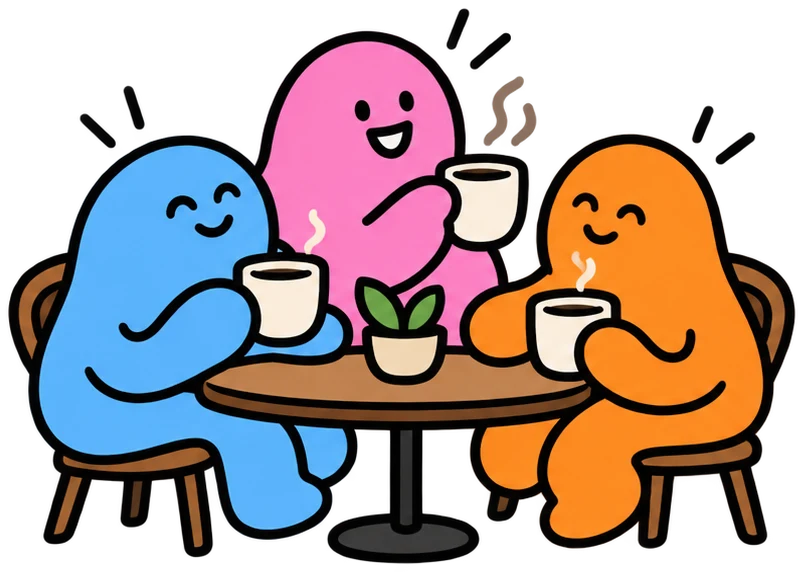 Three soulie friends sharing tea around a café table