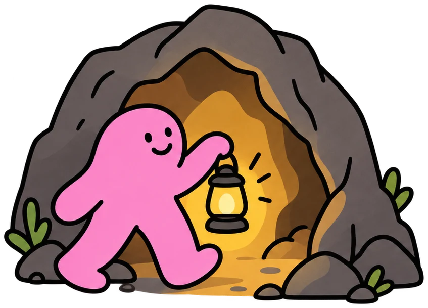 A pink soulie with a lantern walking into a glowing cave