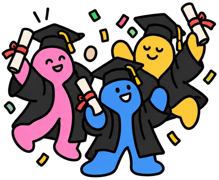 Three soulie graduates celebrating in caps and gowns