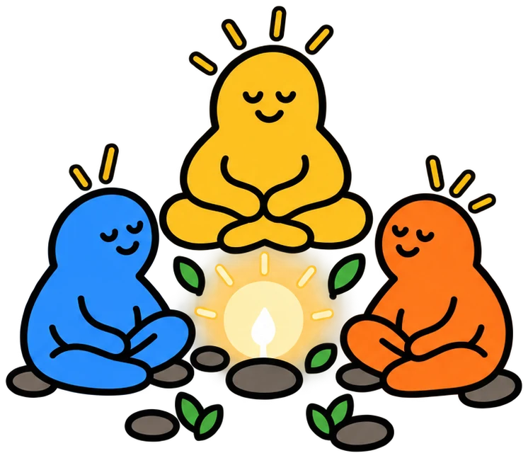 Three soulies meditating around a warm light