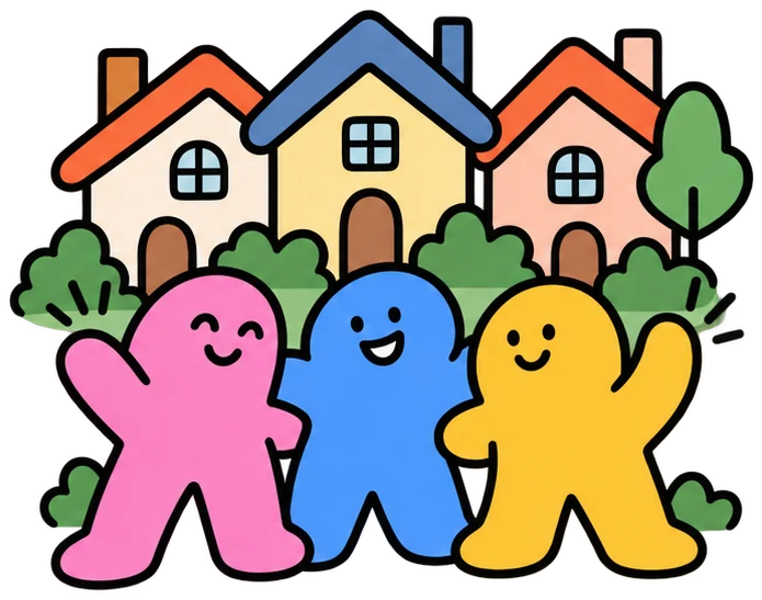Three soulie neighbours in front of their houses
