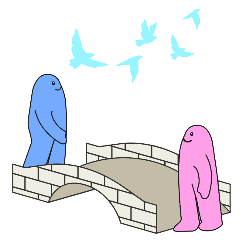 Two soulies meeting by a stone bridge, with birds flying overhead