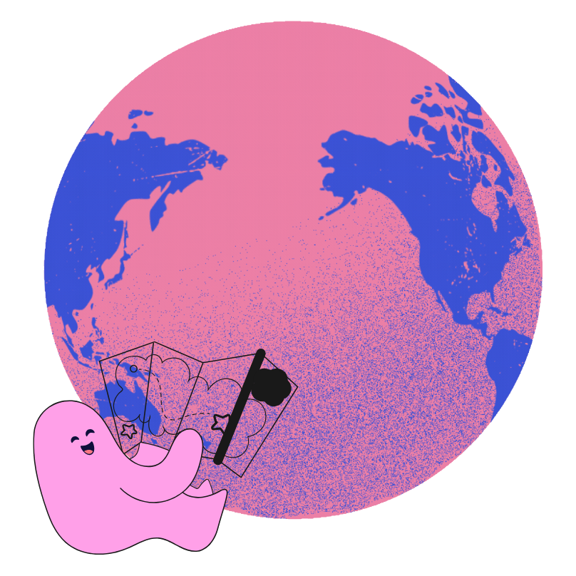 A pink soulie holding a map, setting out across a globe