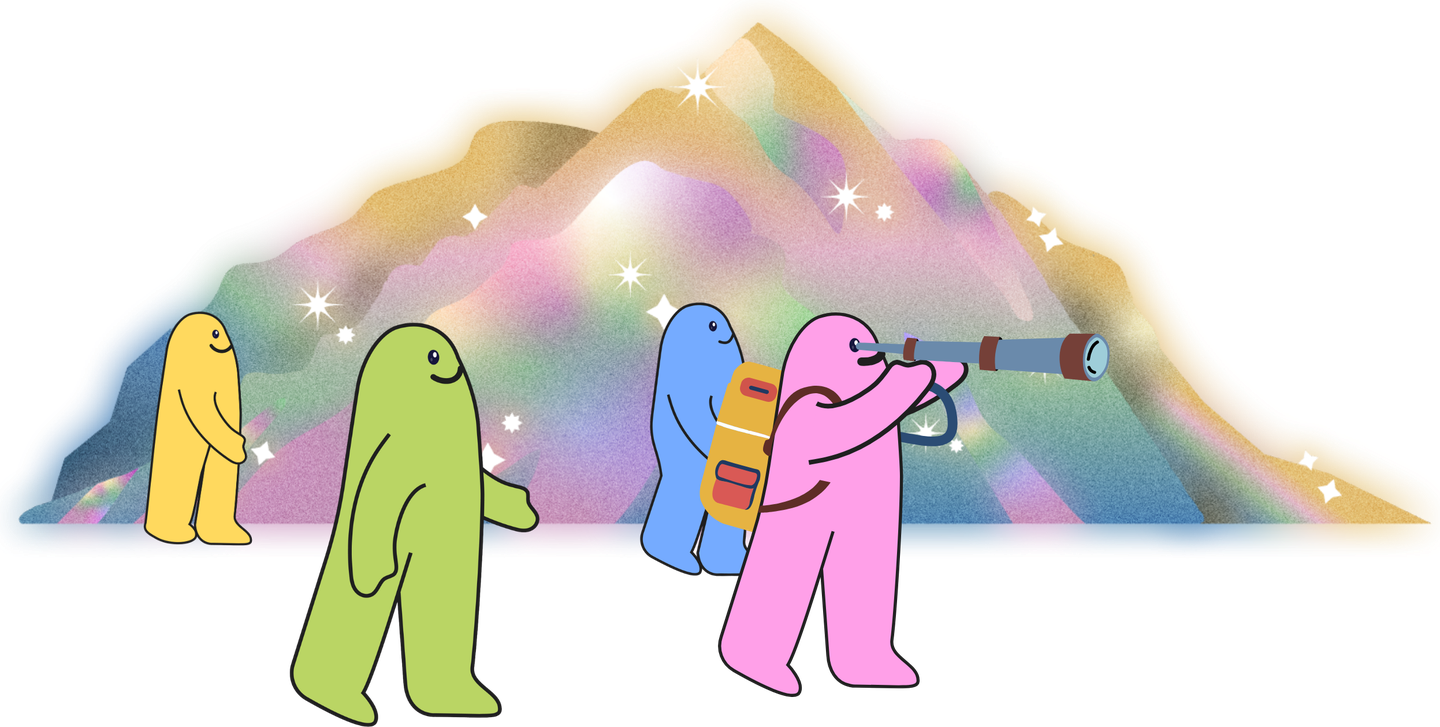 Four soulies on a mountain trip together, one looking ahead through a telescope