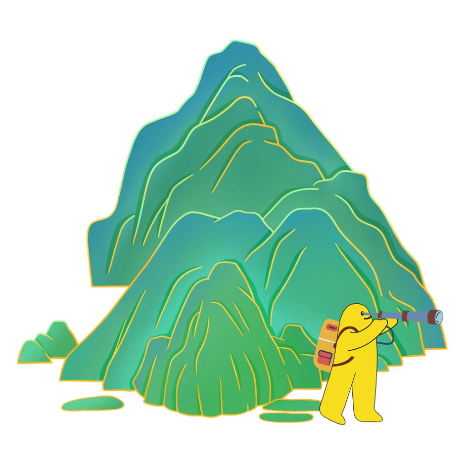 A yellow soulie with a backpack exploring a green mountain through a telescope